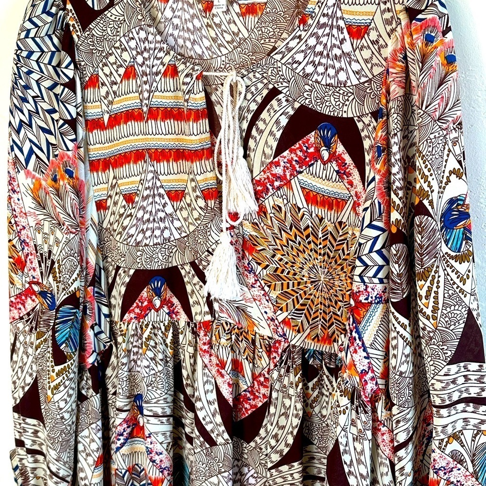 Umgee Tan/Multicolor Bohemian Print Bishop Sleeves Dress with Tassle Ties Sz L - Picture 2 of 14